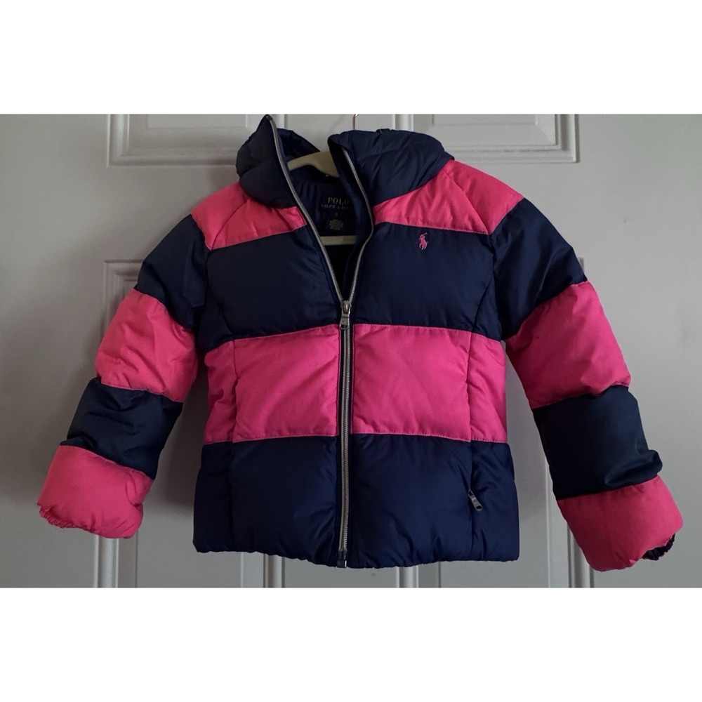 Polo Ralph Lauren Girl's Zip Puffer Jacket Size 5 Pink Navy Stripe *READ*